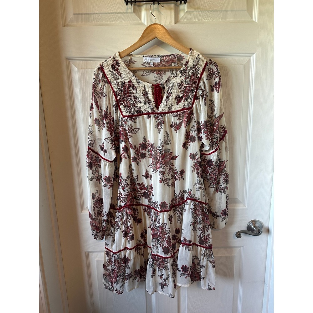 Great Jones Cream Floral Print Long Sleeve Tiered Mini Dress Women's M - Picture 4 of 7